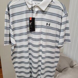Men’s Under Armour Loose Heat Gear Polo Shirt XL White Gray Striped UPF 30 New